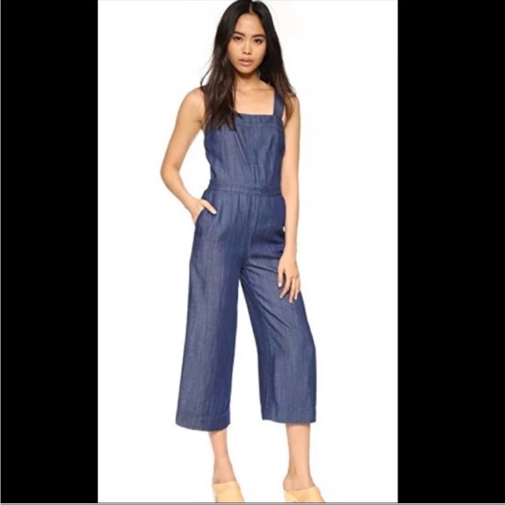 Club Monaco Denim Cropped Navy Blue Overalls